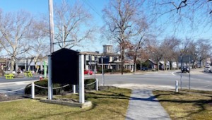 The dangerous intersection on the curve in the center of Mattituck, as seen from the front lawn of the Mattituck Presbyterian Church