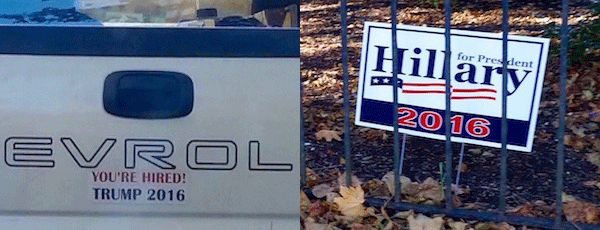 Donald Trump won the bumper sticker and lawn sign war on the East End this fall, while a lonely North Fork Hillary sign in New Suffolk was behind bars to protect it from would-be vandals.