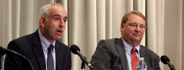 Jay Schneiderman and Ray Overton at the Southampton Press debate Oct. 12.