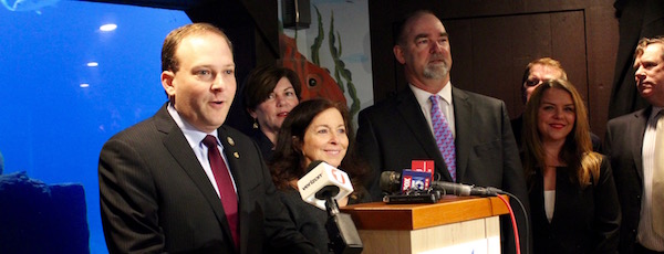 Congressman Lee Zeldin with local environmentalists and town supervisors at the Long Island Aquarium on Friday.