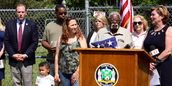Congressman Lee Zeldin, Jayden Briggs, Jordan Harden, Rebecca Briggs, Riverhead Councilwoman Jodi Giglio, Eli Briggs, Kate Browning and Riverhead Town Supervisor Laura Jens-Smith at Saturday's ceremony