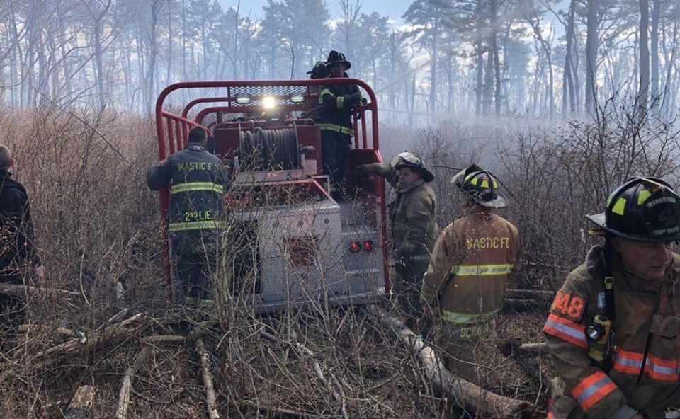 The Mastic Fire Department on the scene of the April 16 wildfire in Manorville | Manorville FD photo