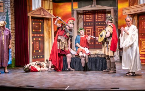 Bob Kaplan, Matt Fama, Matthew Conlon, Nicholas Auletti, Thomas Milton, Tom Ciorciari in rehearsal for A Funny Thing Happened on the Way to the Forum opening May 23 at Hampton Theatre Company. Photos: Dane DuPuis