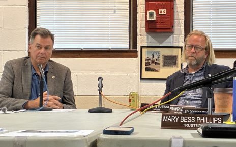 Southold Town Supervisor Al Krupski and Greenport Mayor Kevin Stuessi at a contentious July 2025 meeting at which the town first said it would consider the Clark's Beach feasibility study.