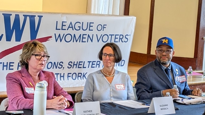 (l-r) East Hampton Town Supervisor Kathee Burke-Gonzalez, Former Westhampton Beach School Board President Suzanne Mensch and Southold Town Councilman Brian Mealy at the League of Women Voters event.