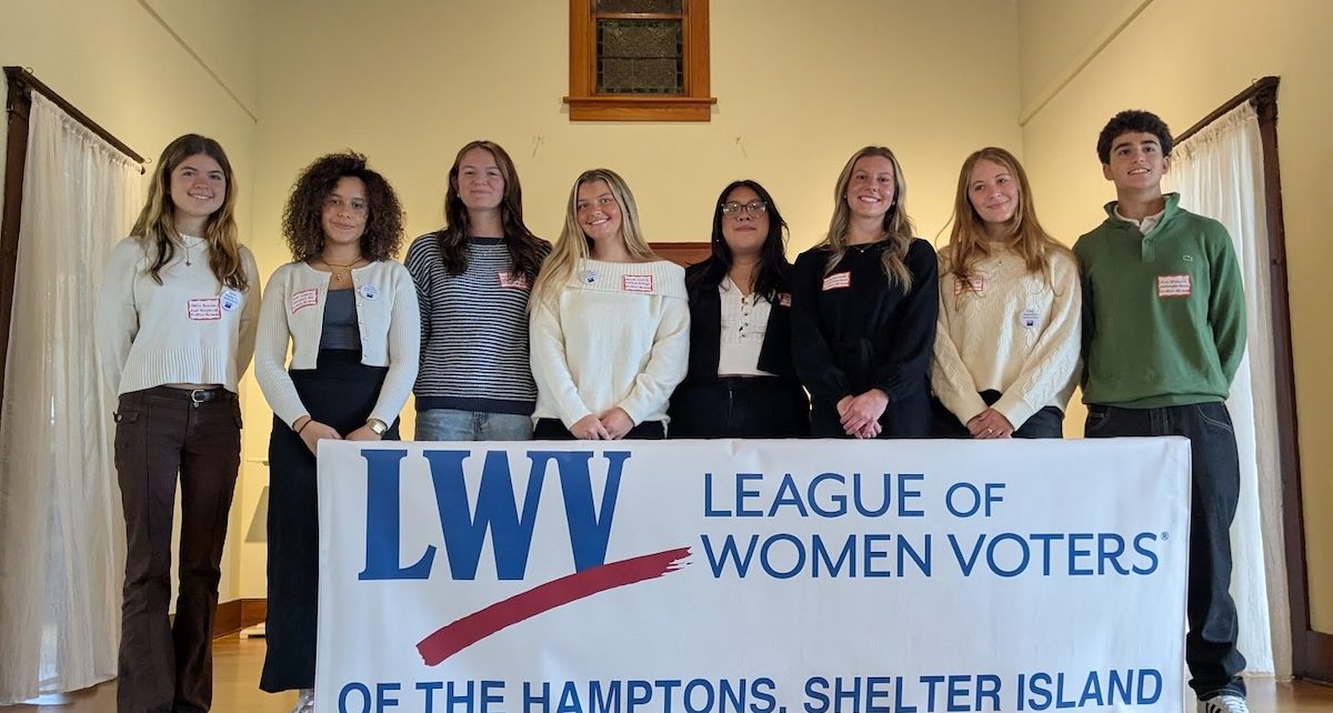Student Ex-Officio School Board Members Stella Brecker, Faith Welch, Laurel Richards, Brooke Walling, Estefani Gomez, Emily Edwards, Mateya Silvera and Nico Grazina at the League of Women Voters event.