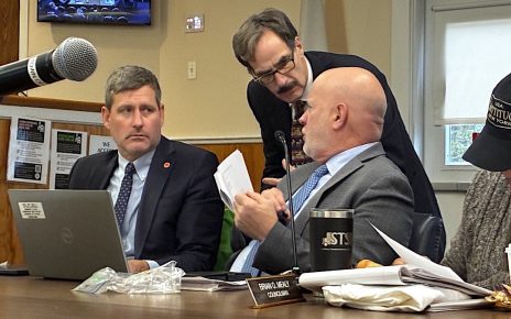 Southold Councilman Greg Doroski, Town Clerk Denis Noncarrow, Town Attorney Paul DeChance and Councilman Brian Mealy at the Town Board's Dec. 2 work session.