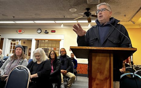 Greenport Village Trustee Patrick Brennan asks the Southold Town Board for more action on CPF in the village, as Village Board Members (l-r) Lily Dougherty-Johnson, Mary Bess Phillips, Julia Robins and Mayor Kevin Stuessi look on.