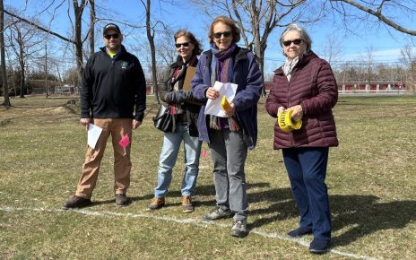 Southold DPW Director Erick Haas, Architect Barbara Friedman, CAC Chair Carol Brown and Master Gardener Anne Sandy staked out the Town Hall garden in late March.