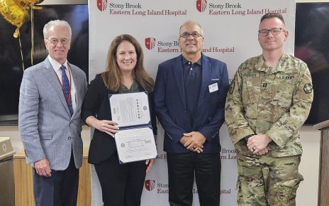 Paul J. Connor III, Chief Administrative Officer SBELIH; Carrie Grattan, BSN, RN, Vice President of Nursing Operations; Joseph Kruk, CMSgt, USAF (Ret.), ESGR Volunteer, New York; and Russell Guerrier, RN, Captain US Army. |. Nicole B. Brewer photo/SBELIH