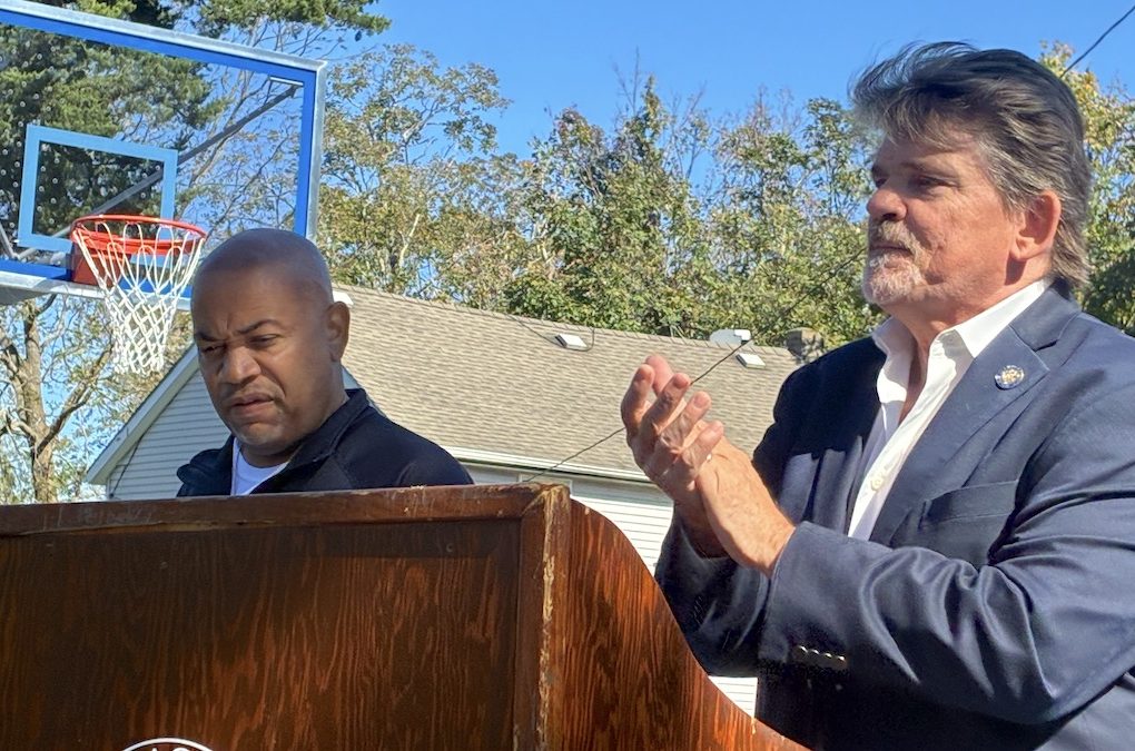 New York State Assembly Speaker Carl Heastie and Assembly Member Tommy John Schiavoni at Greenport's Third Street basketball courts Monday.