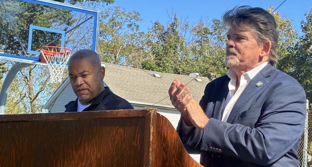 New York State Assembly Speaker Carl Heastie and Assembly Member Tommy John Schiavoni at Greenport's Third Street basketball courts Monday.