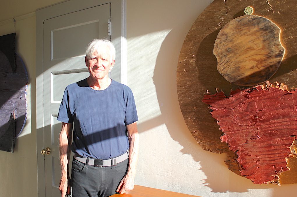 Ted Thirlby with "ELARA" at his new show, "Atunements," at the gallery at Holy Trinity Episcopal Church.