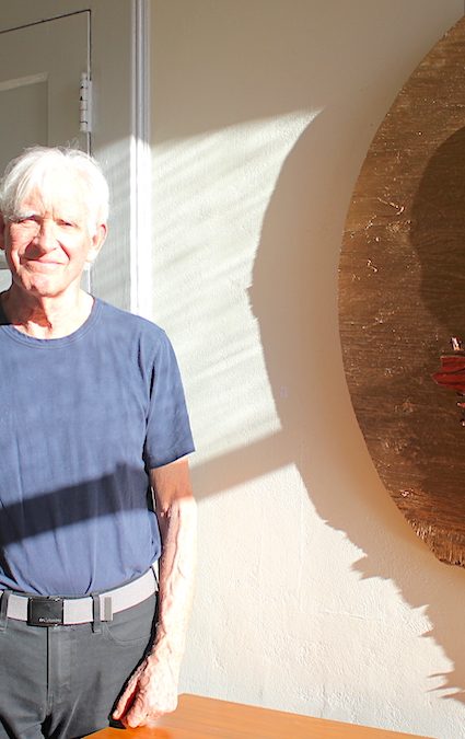 Ted Thirlby with "ELARA" at his new show, "Atunements," at the gallery at Holy Trinity Episcopal Church.