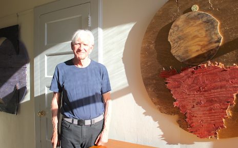 Ted Thirlby with "ELARA" at his new show, "Atunements," at the gallery at Holy Trinity Episcopal Church.